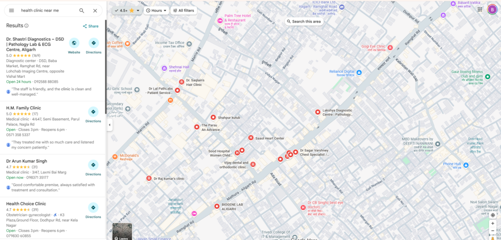 Google Local Pack results for Health Clinics in Aligarh